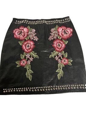 Balboa Faux Leather Black Flower Embroidered Studded Embellished Mini Skirt M
